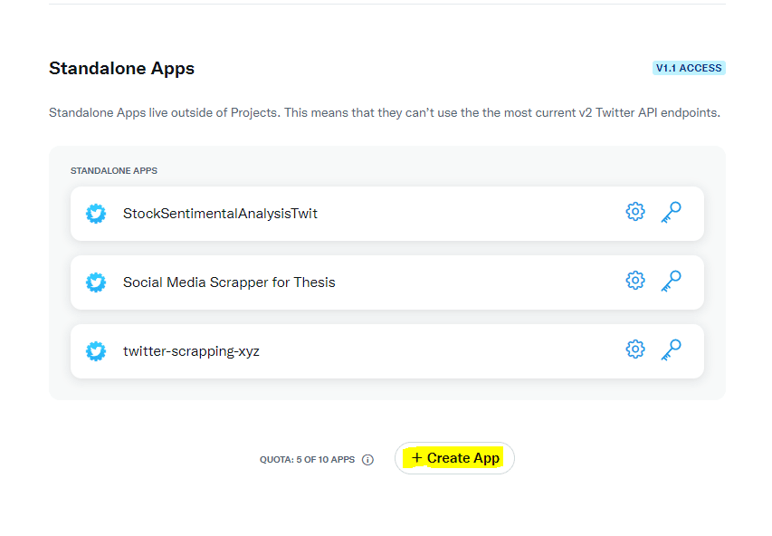 twitter app dashboard - create new app