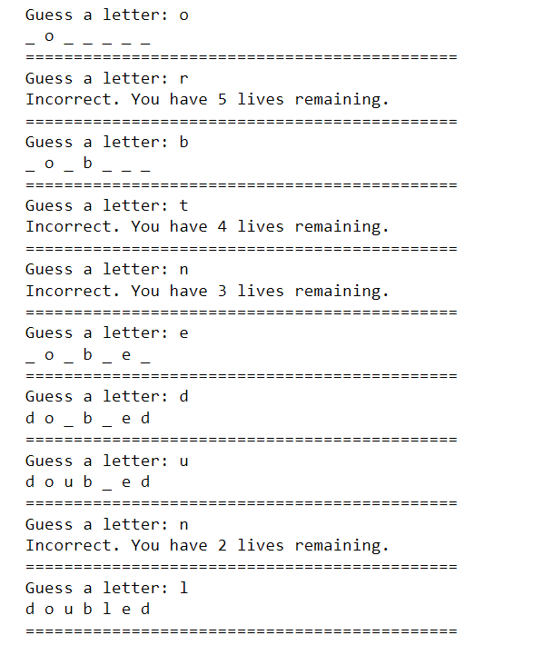 output of hangman for loop