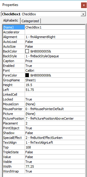 ActiveX Checkbox Properties