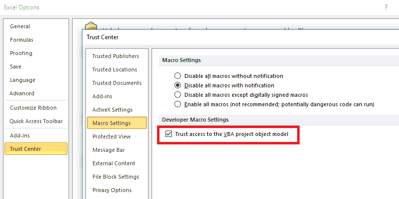 Enable Trust Access to the VBA Project Object Model