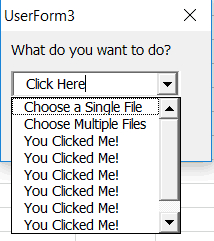 Userform with added items Userform with opened dropdown and several added items