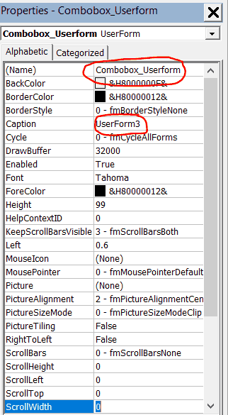 VBE Properties Window VBE Properties Window with Name and Caption Highlighted