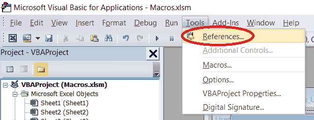Tools>References in VBA Editor Tools>References in VBA Editor