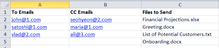 Excel Doc with Files and Emails List of Emails, CCs, and Files