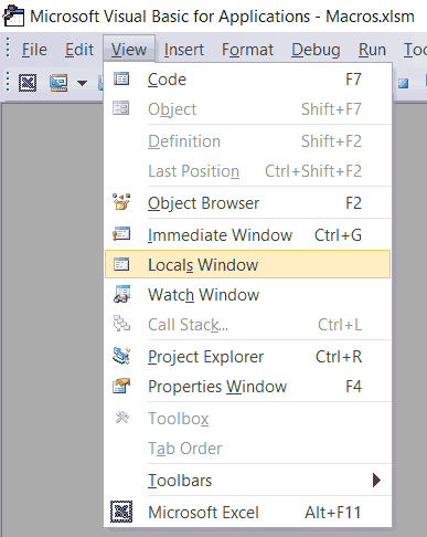 Selecting Locals Window Opened View menu and Locals window highlighted