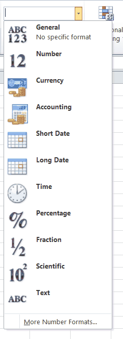 Dropdown of Common Excel Cell Formats Dropdown Menu Showing Common Excel Cell Formats