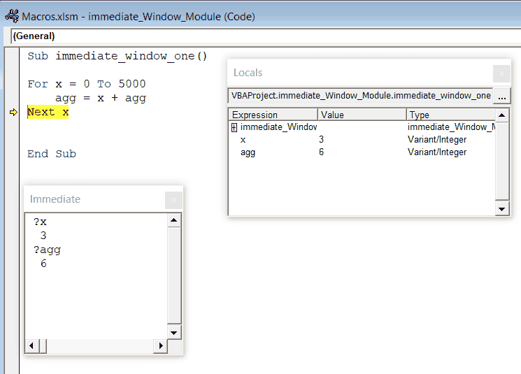 VBA Immediate Window Over Code Immediate Window and Locals Window with query over the paused code