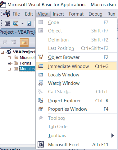 VBA Immediate Window View View Menu Dropdown with Immediate Window Highlighted