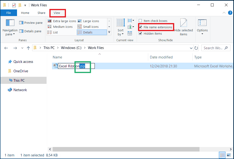 Changing the File Extension Folder with View panel open and a change of file extension