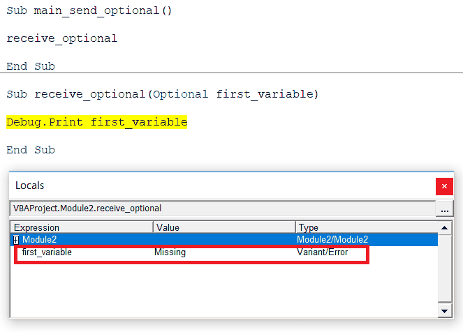 VBA Missing Parameter Missing argument in locals window