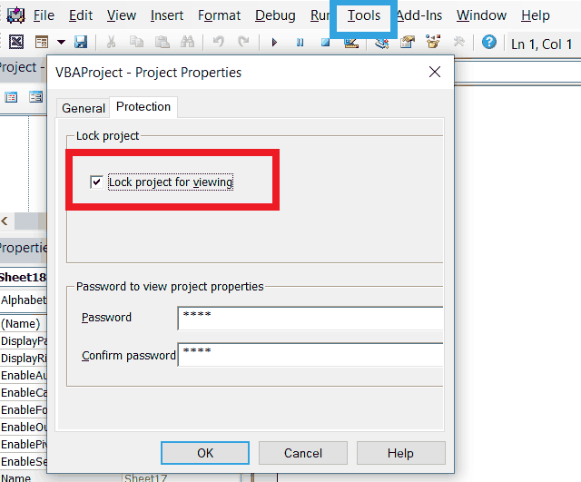 Password Protection Window with VBAProject Properties Password Protection Window with VBAProject Properties