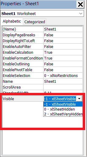 Properties Window for Sheet1 Properties Window for Sheet1